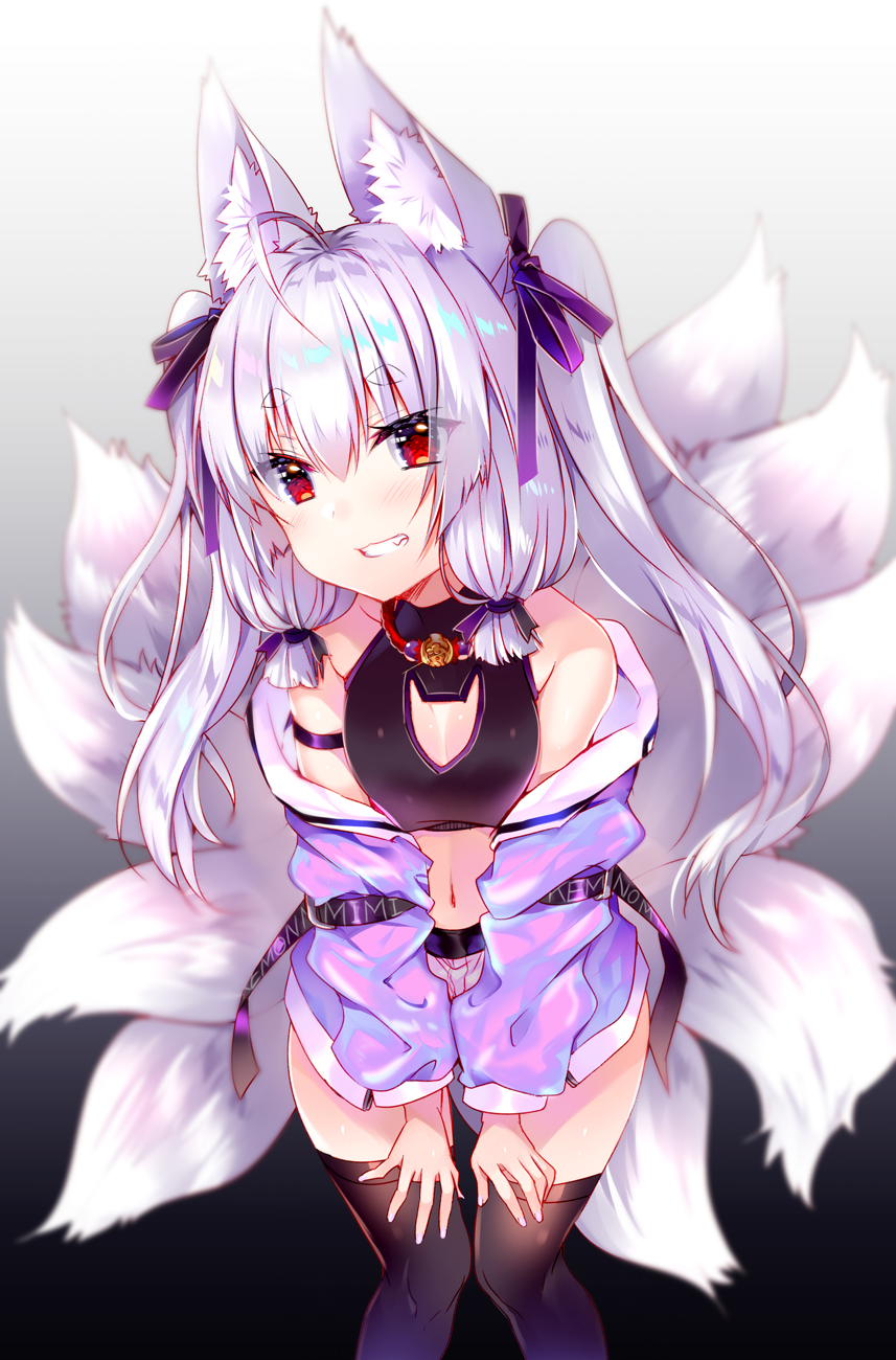 1girl ahoge animal_ear_fluff animal_ears bare_shoulders black_legwear breasts cleavage_cutout crop_top fox_ears fox_girl fox_tail gradient gradient_background grin hair_ribbon highres jacket kyuubi long_hair long_sleeves looking_at_viewer midriff multiple_tails navel off_shoulder open_clothes open_jacket original purple_jacket red_eyes ribbon short_shorts shorts sleeveless small_breasts smile solo standing tail thigh-highs thighs twintails usagihime white_hair white_shorts