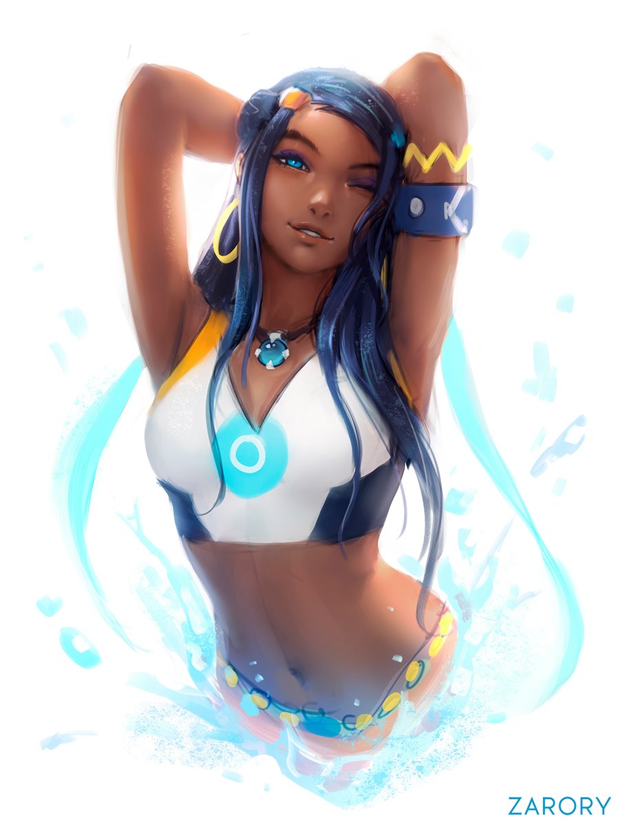 1girl aqua_eyes aqua_hair armband armpits arms_behind_head arms_up artist_name belly_chain black_hair dark_skin earrings eyeshadow gym_leader half-closed_eye head_tilt highres hoop_earrings jewelry lips long_hair looking_at_viewer makeup multicolored_hair navel one_eye_closed parted_lips pendant pokemon pokemon_(game) pokemon_swsh rurina_(pokemon) sidelocks sketch solo splashing sportswear stomach streaked_hair swimsuit tankini two-tone_hair upper_body water zarory