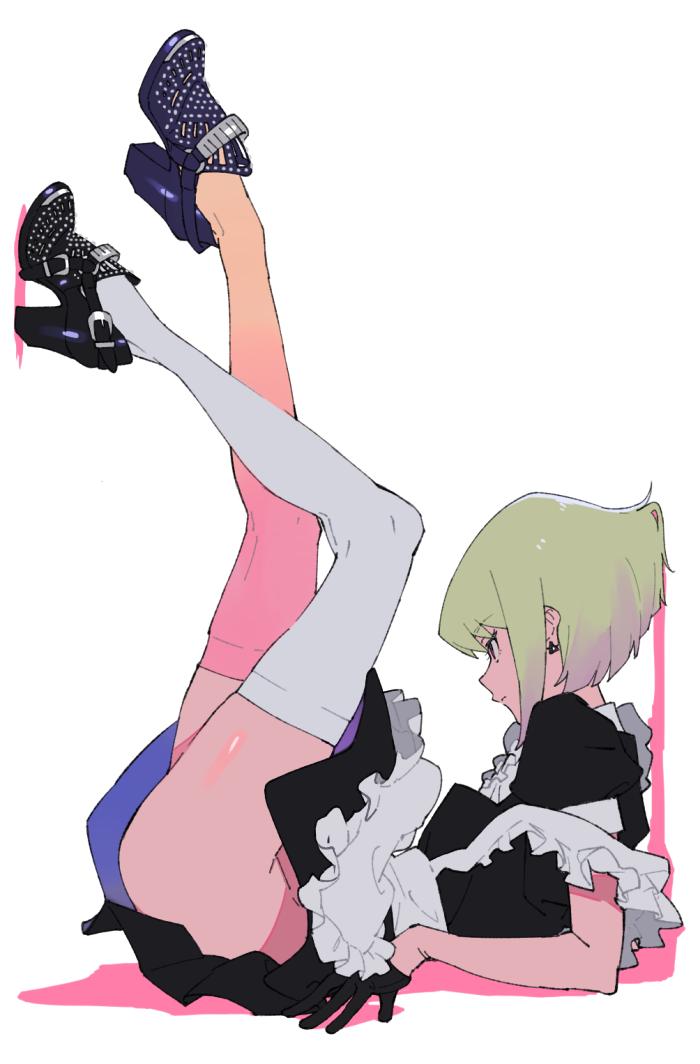 1boy alternate_costume apron crossdressinging earrings enmaided frills gloves half_gloves high_heels jewelry lio_fotia maid maid_apron male_focus no_panties otoko_no_ko promare puffy_short_sleeves puffy_sleeves shirikon short_hair short_sleeves thigh-highs violet_eyes waist_apron