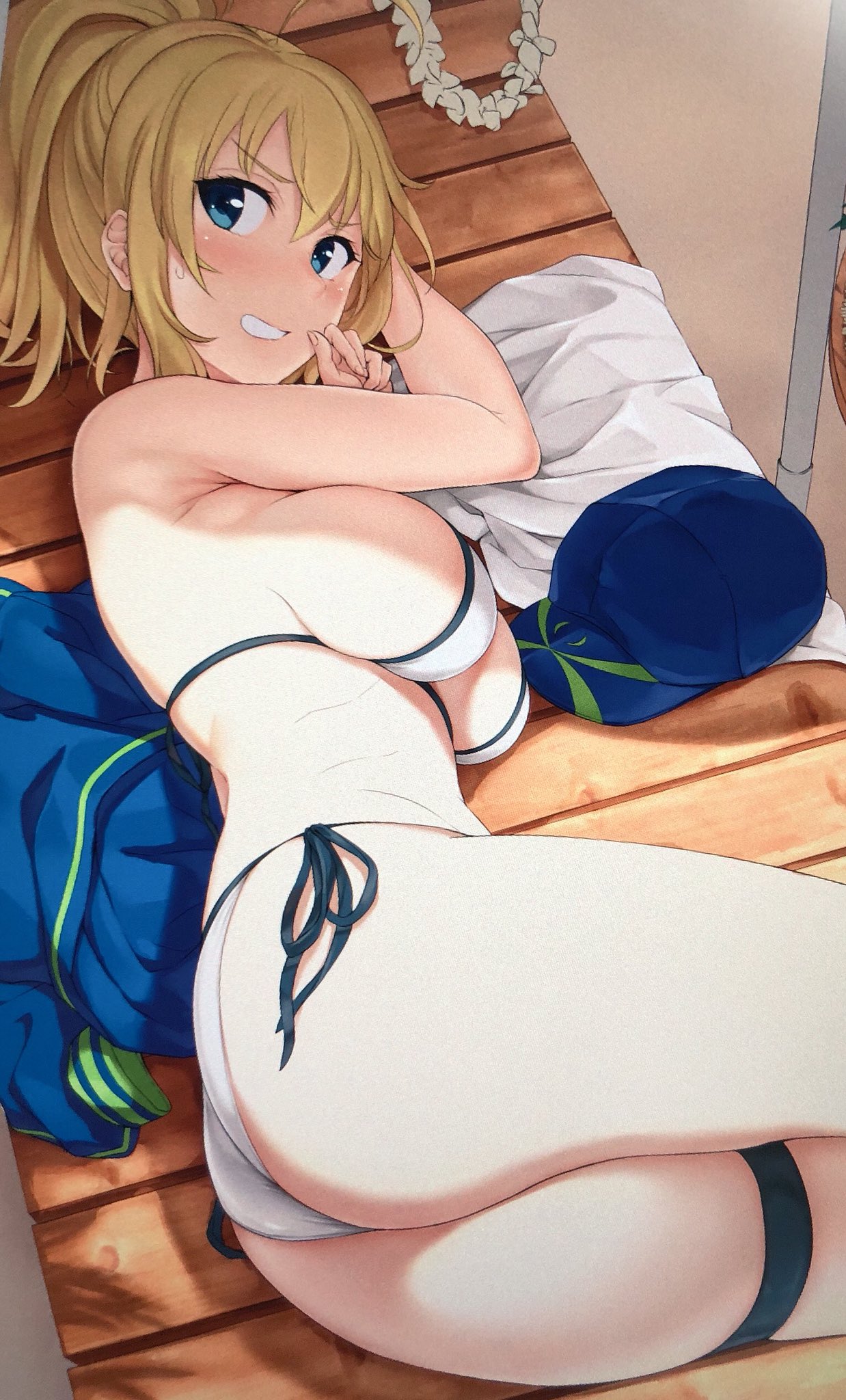 1girl akita_hika artoria_pendragon_(all) baseball_cap bikini blonde_hair blue_eyes blue_headwear blue_jacket breasts commentary_request cropped_jacket fate/grand_order fate_(series) grin hair_between_eyes hat hat_removed headwear_removed highres jacket large_breasts lying mysterious_heroine_xx_(foreigner) on_side ponytail side-tie_bikini sideboob smile swimsuit thighs white_bikini wooden_floor