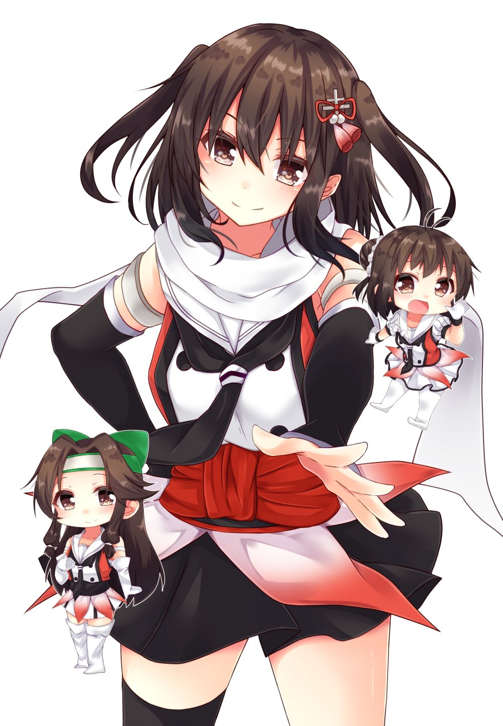 3girls black_gloves black_legwear black_skirt brown_eyes brown_hair chibi commentary_request cowboy_shot double-breasted elbow_gloves fingerless_gloves gloves highres izumo_ayuka jintsuu_(kantai_collection) kantai_collection looking_at_viewer multiple_girls naka_(kantai_collection) neckerchief remodel_(kantai_collection) scarf school_uniform sendai_(kantai_collection) serafuku short_hair simple_background single_thighhigh skirt smile solo_focus standing thigh-highs two_side_up white_background white_scarf