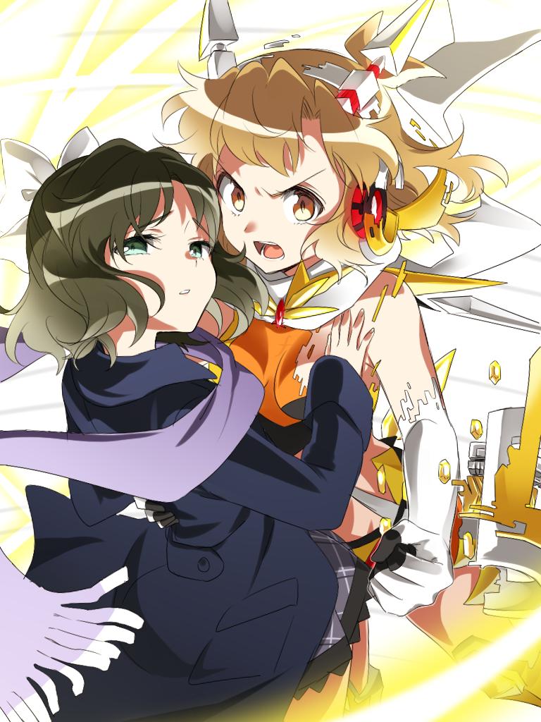 2girls black_hair bow brown_eyes clenched_hand coat green_eyes hair_bow headphones henshin kohinata_miku lanlanlap light_brown_hair multiple_girls scarf senki_zesshou_symphogear tachibana_hibiki_(symphogear) winter_clothes winter_coat