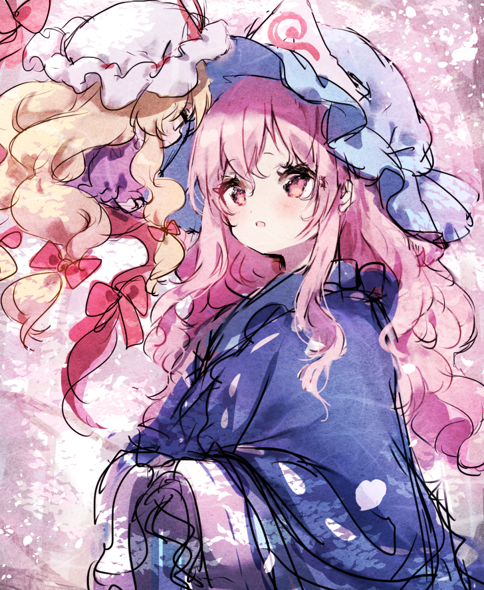 2girls bangs blonde_hair blue_headwear blue_kimono blush bow cherry_blossoms chibi commentary_request dress eye_contact eyebrows_visible_through_hair hair_between_eyes hair_bow hat hat_ribbon japanese_clothes kimono long_hair long_sleeves looking_at_another mob_cap multiple_girls open_mouth petals pink_eyes pink_hair piyokichi puffy_short_sleeves puffy_sleeves purple_dress red_bow red_ribbon ribbon saigyouji_yuyuko short_sleeves sidelocks sketch smile touhou triangular_headpiece upper_body very_long_hair white_headwear wide_sleeves yakumo_yukari