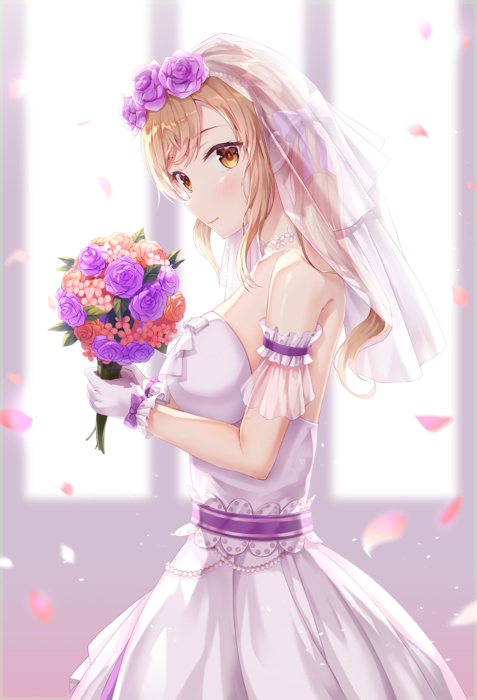 1girl bad_proportions bang_dream! bouquet breasts dress flower gloves hair_flower hair_ornament holding holding_bouquet ichigaya_arisa indoors light_brown_hair long_hair looking_at_viewer lunacle medium_breasts petals solo standing veil wedding_dress white_dress white_gloves