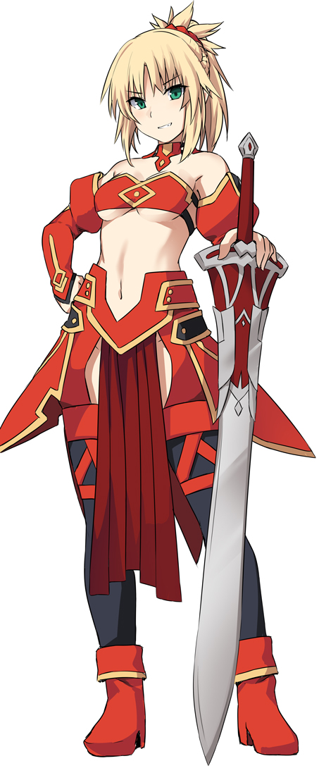 1girl armor bangs bare_shoulders blonde_hair blush braid breasts clarent commentary_request detached_sleeves eyebrows_visible_through_hair fate/grand_order fate_(series) green_eyes hair_ornament holding long_hair looking_at_viewer medium_breasts mordred_(fate) mordred_(fate)_(all) navel ponytail red_footwear red_scrunchie red_sleeves scrunchie shiseki_hirame shoes simple_background smile solo sword weapon