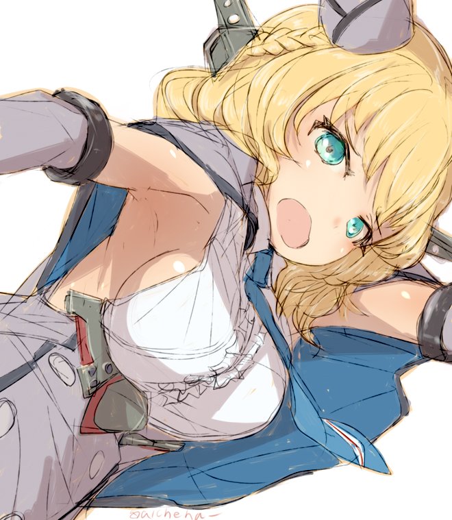 1girl alchera blonde_hair blue_eyes blue_neckwear breasts capelet colorado_(kantai_collection) commentary_request dress elbow_gloves garrison_cap gloves grey_dress hat headgear kantai_collection large_breasts necktie pleated_dress shirt short_hair side_braids sideboob simple_background sleeveless solo upper_body white_background white_shirt