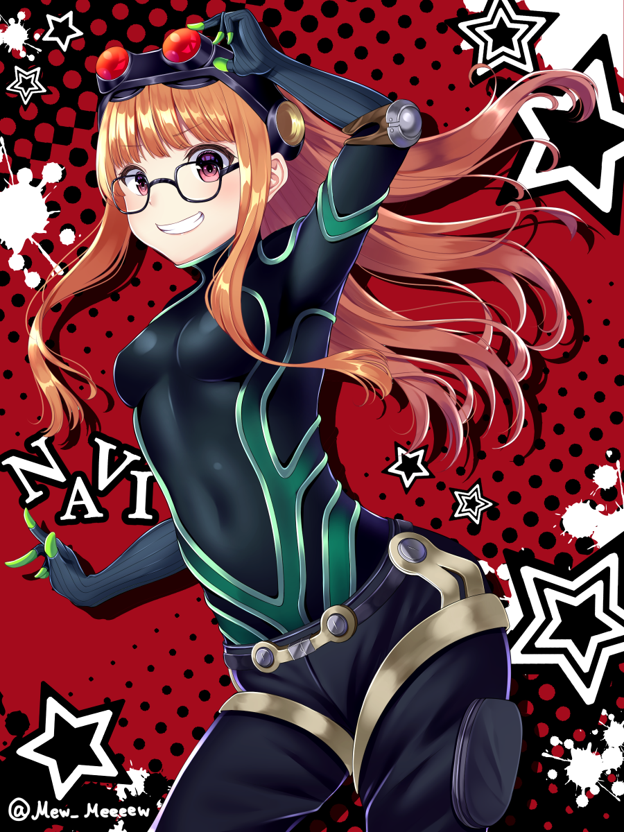 1girl black-framed_eyewear black_bodysuit black_gloves black_pants blush bodysuit breasts brown_eyes brown_hair character_name covered_navel cowboy_shot floating_hair glasses gloves goggles goggles_on_head grin highres long_hair nabekokoa pants persona persona_5 sakura_futaba shiny shiny_hair small_breasts smile solo standing