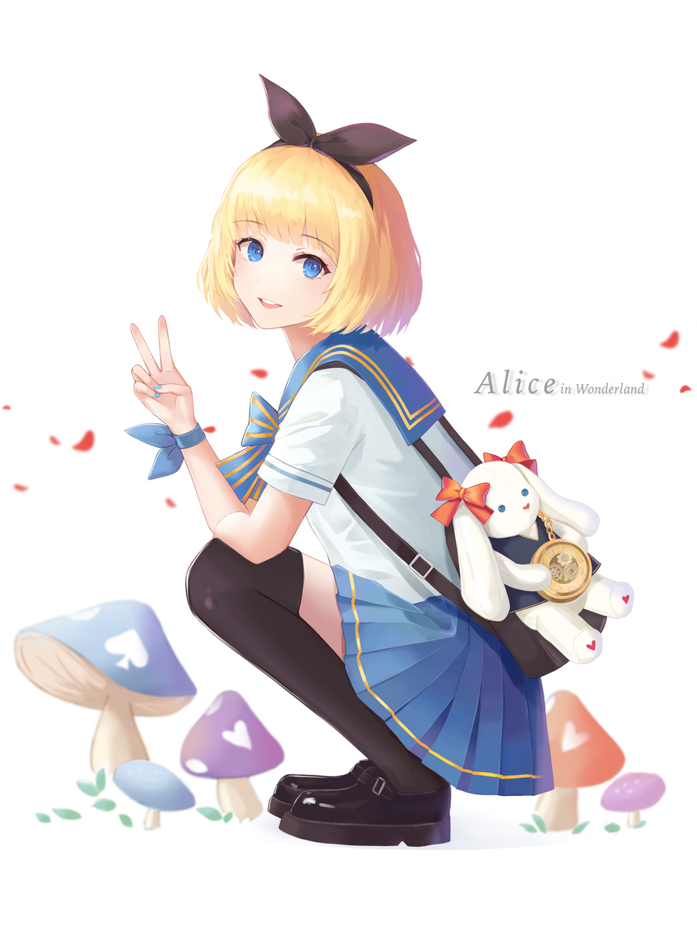 1girl alice_(wonderland) alice_in_wonderland bag black_bow black_footwear black_legwear blonde_hair blue_bow blue_eyes blue_nails blue_skirt bow copyright_name dew_(7302235) full_body gears hair_bow hairband handbag highres mushroom pocket_watch school_uniform serafuku short_hair short_sleeves simple_background skirt smile solo squatting stuffed_animal stuffed_bunny stuffed_toy thigh-highs v watch white_background white_serafuku wristband