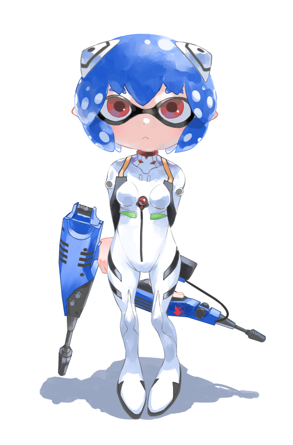 :&lt; ayanami_rei ayanami_rei_(cosplay) blue_hair bodysuit commentary_request cosplay crossover domino_mask full_body hair_ornament inkling looking_at_viewer mask neon_genesis_evangelion object_behind_back plugsuit red_eyes shadow short_hair solo splatoon_(series) tentacle_hair tsuki-shigure white_background