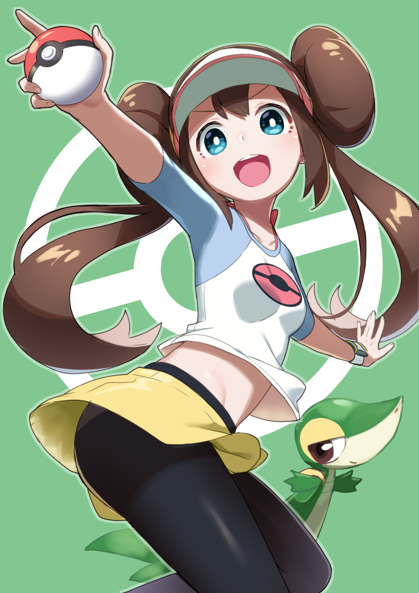 1girl belly_peek black_legwear blue_eyes breasts double_bun hair_bun half-closed_eyes highres low_twintails mei_(pokemon) midriff open_mouth pantyhose pokemon pokemon_(game) pokemon_bw2 shorts snivy solo tokumaro twintails visor_cap