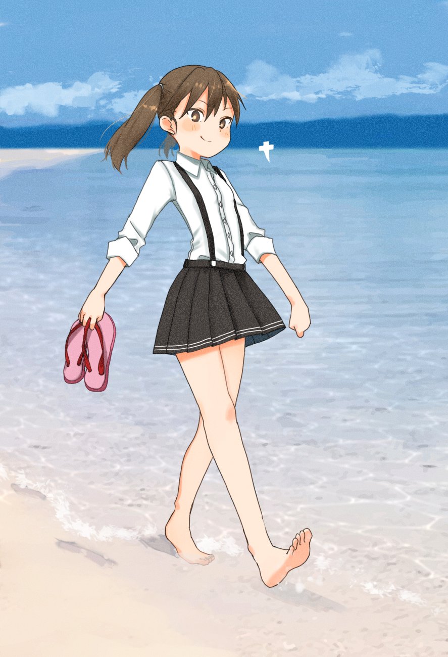 1girl annin_musou barefoot beach black_skirt blue_sky brown_eyes brown_hair clouds commentary_request day dress_shirt flat_chest highres horizon kantai_collection long_hair long_sleeves looking_at_viewer outdoors pleated_skirt ryuujou_(kantai_collection) sandals_removed shikigami shirt skirt sky smile solo suspenders twintails walking waves white_shirt