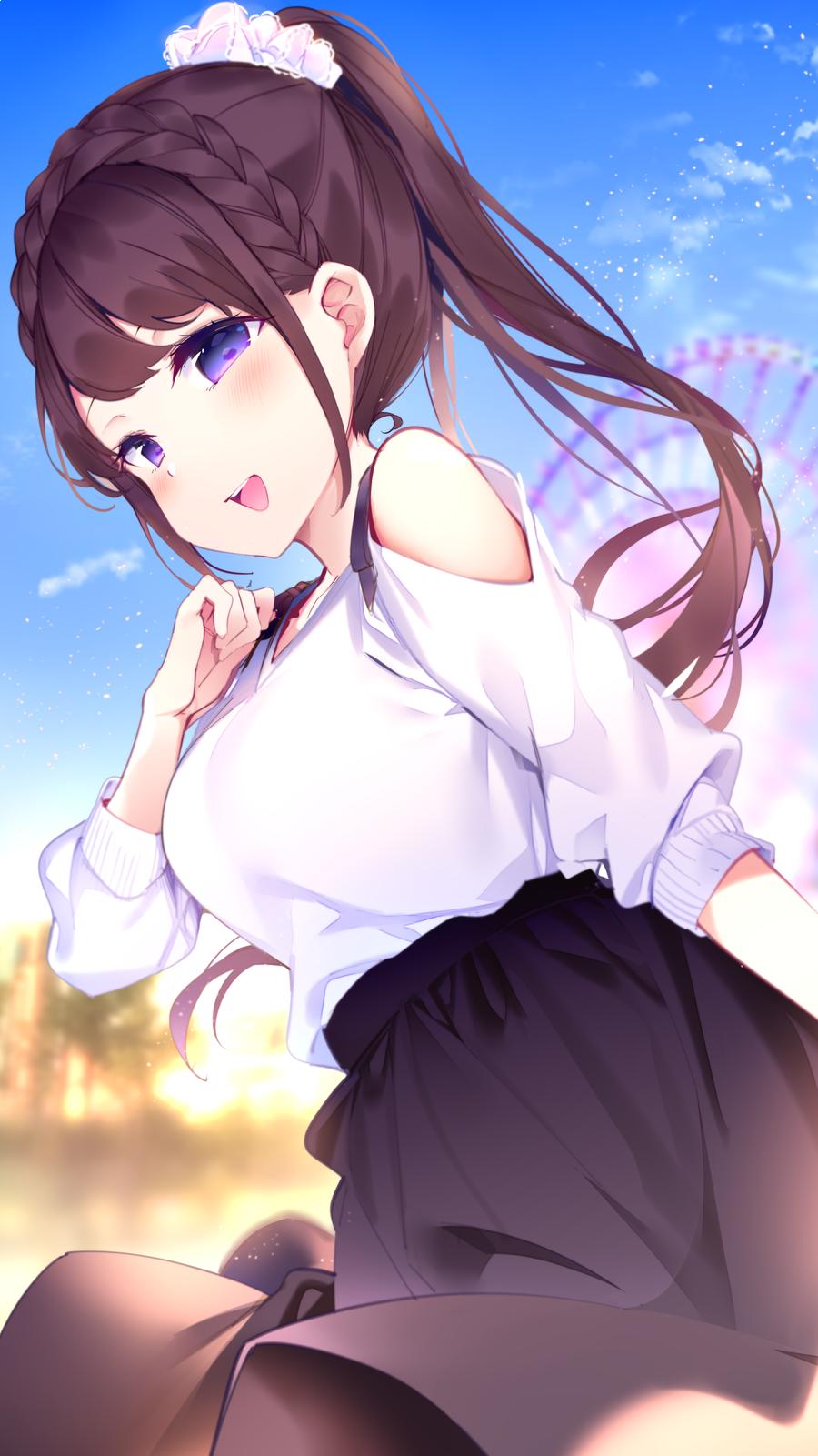 1girl bangs blue_sky blurry blurry_background blush braid breasts brown_hair brown_skirt chikuwa. clouds commentary_request crown_braid day depth_of_field eyebrows_behind_hair ferris_wheel hair_ornament hair_scrunchie high_ponytail highres long_hair long_sleeves looking_at_viewer looking_to_the_side medium_breasts original outdoors ponytail puffy_long_sleeves puffy_sleeves scrunchie shirt shoulder_cutout skirt sky solo very_long_hair violet_eyes white_scrunchie white_shirt