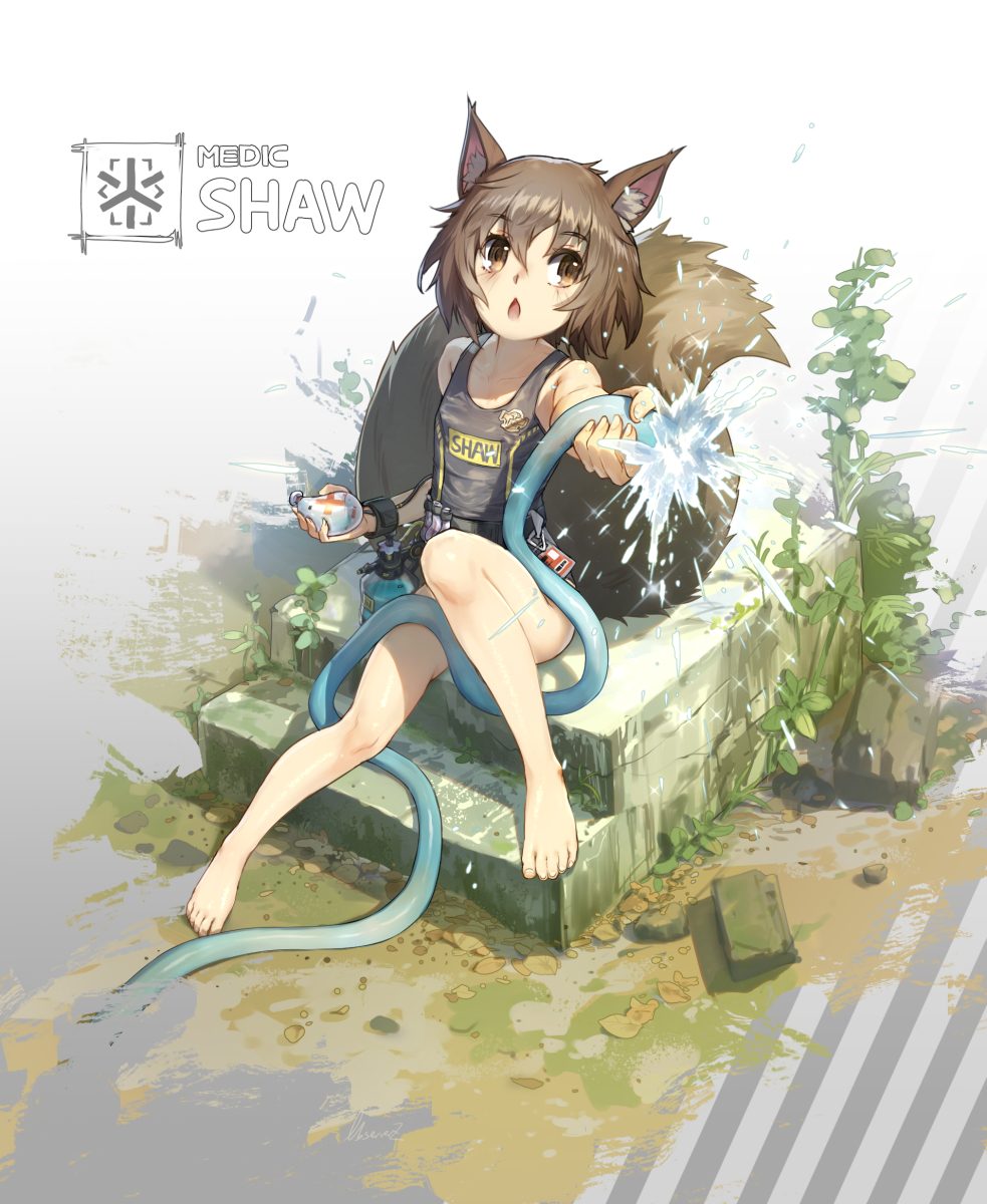 1girl animal_ears arknights bangs barefoot belt bottle brown_eyes brown_hair character_name eyebrows_visible_through_hair hair_between_eyes highres holding hose looking_at_viewer observerz one-piece_swimsuit open_mouth outstretched_arm shaw_(arknights) short_hair sitting solo spray_bottle squirrel_ears squirrel_tail stairs swimsuit tail water