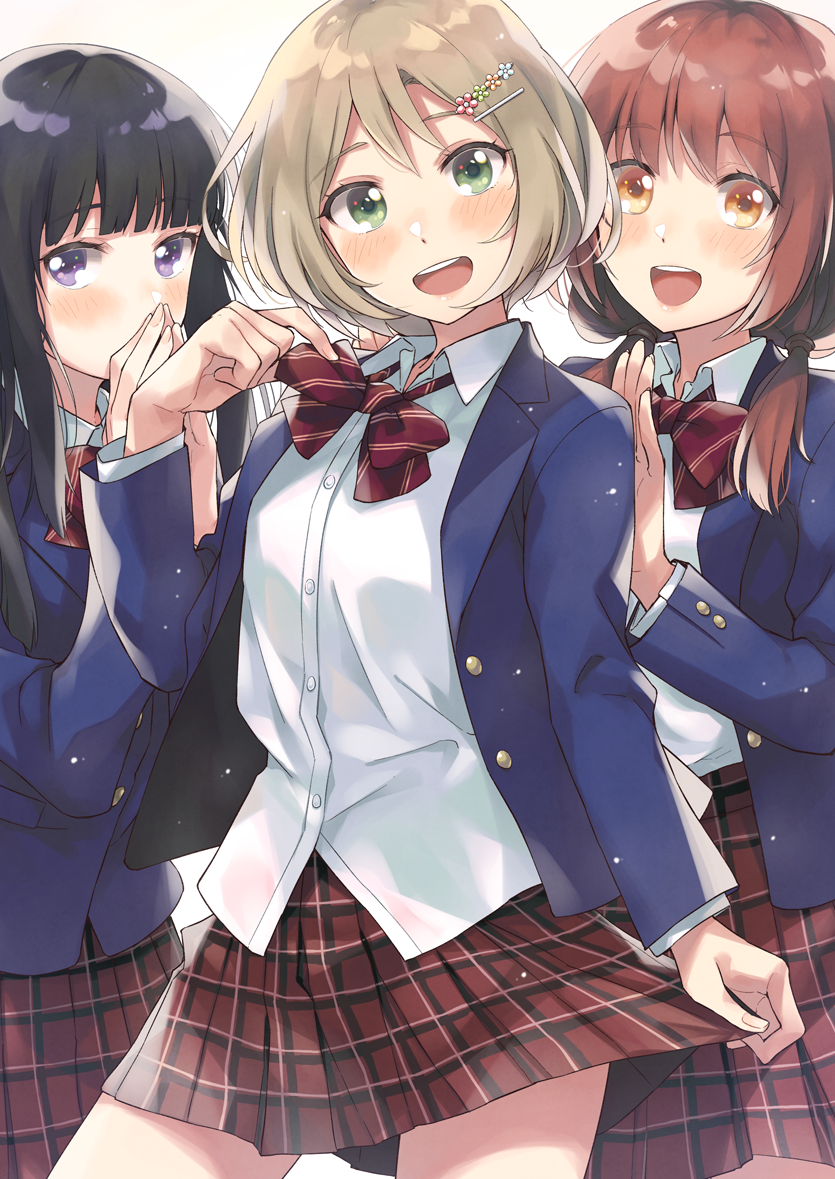 3girls :d bangs black_hair blazer blonde_hair blunt_bangs blush bow bowtie contrapposto covering_mouth cowboy_shot dress_shirt green_eyes hair_ornament hair_over_shoulder hairclip hands_up head_tilt jacket kano_hito long_hair looking_at_viewer loose_bowtie multiple_girls open_clothes open_mouth orange_eyes original plaid plaid_skirt pleated_skirt red_neckwear red_skirt redhead school_uniform shirt short_hair skirt skirt_hold smile standing striped striped_neckwear twintails unbuttoned violet_eyes