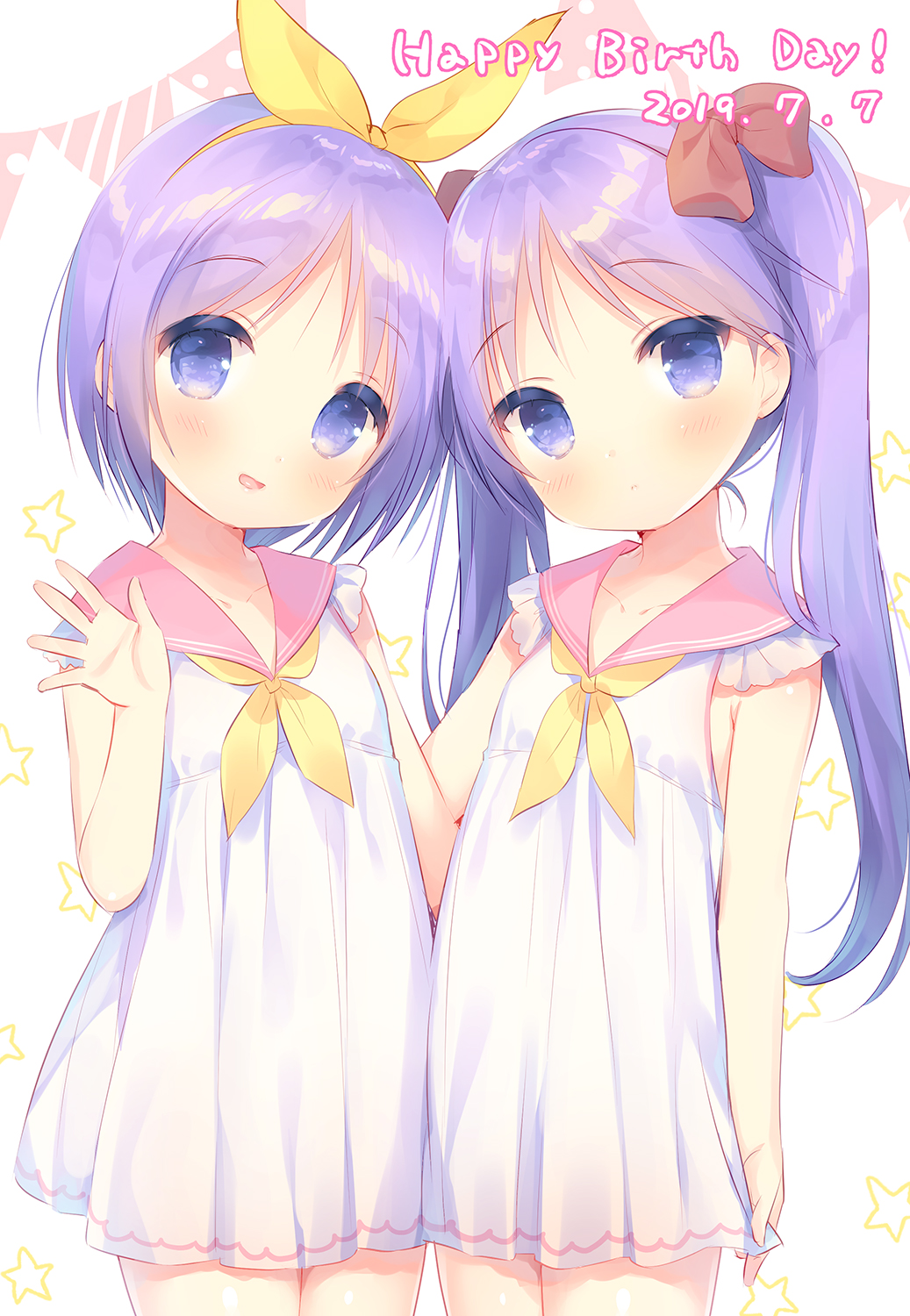 2girls bare_arms bare_shoulders blush bow closed_mouth cowboy_shot dated dress hair_bow hair_ribbon hand_up happy_birthday head_tilt highres hiiragi_kagami hiiragi_tsukasa long_hair looking_at_viewer lucky_star multiple_girls neckerchief parted_lips pennant pink_sailor_collar purple_hair red_bow ribbon sailor_collar sailor_dress siblings sisters sleeveless sleeveless_dress smile star string_of_flags twins twintails usashiro_mani violet_eyes white_background white_dress yellow_neckwear yellow_ribbon