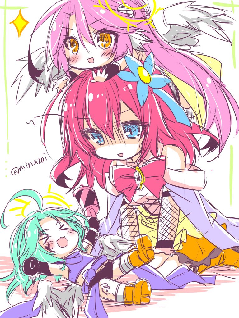 &gt;_&lt; 3girls :3 ahoge angel_wings aqua_hair azriel_(no_game_no_life) black_gloves blue_eyes blush boots bow bowtie commentary_request crop_top cross dress facial_tattoo feathered_wings flower gloves hair_flower hair_ornament halo jibril_(no_game_no_life) long_hair low_wings magic_circle minazoi_kuina multiple_girls no_game_no_life open_mouth orange_eyes pink_hair redhead sitting smile stephanie_dora symbol-shaped_pupils tattoo twitter_username very_long_hair white_wings wing_ears wings x3 younger