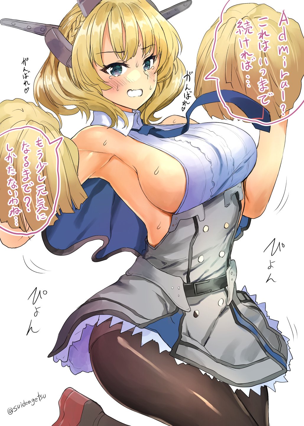 1girl black_gloves black_legwear blonde_hair blue_eyes blue_neckwear bouncing_breasts breasts capelet colorado_(kantai_collection) commentary_request dress elbow_gloves garrison_cap gloves grey_dress grey_headwear hat headgear highres kantai_collection large_breasts mizuta_kenji necktie pantyhose pleated_dress pom_poms shirt short_hair side_braids sideboob simple_background sleeveless solo translation_request white_background white_shirt