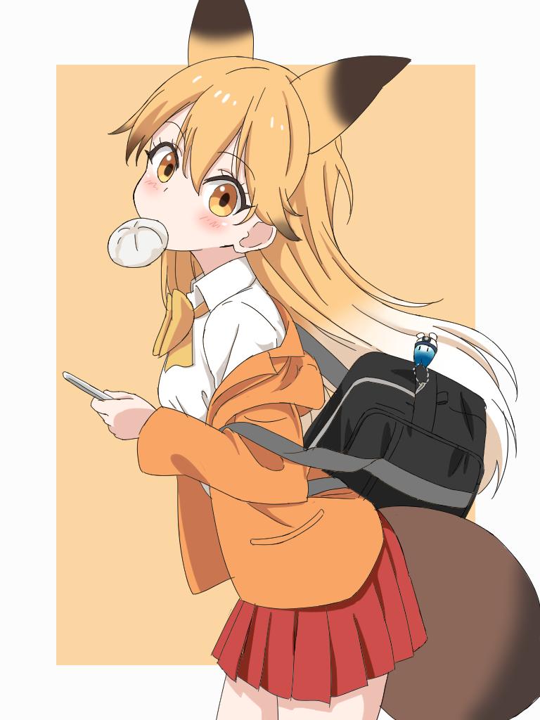1girl adapted_costume amamotan2 animal_ears bag blush bow bowtie collared_shirt commentary_request cowboy_shot extra_ears eyebrows_visible_through_hair ezo_red_fox_(kemono_friends) food food_in_mouth fox_ears fox_tail jacket kemono_friends lucky_beast_(kemono_friends) multicolored_hair orange_eyes orange_hair orange_jacket orange_neckwear pleated_skirt red_skirt school_bag school_uniform shirt shirt_on_shoulders skirt solo tail white_hair white_shirt