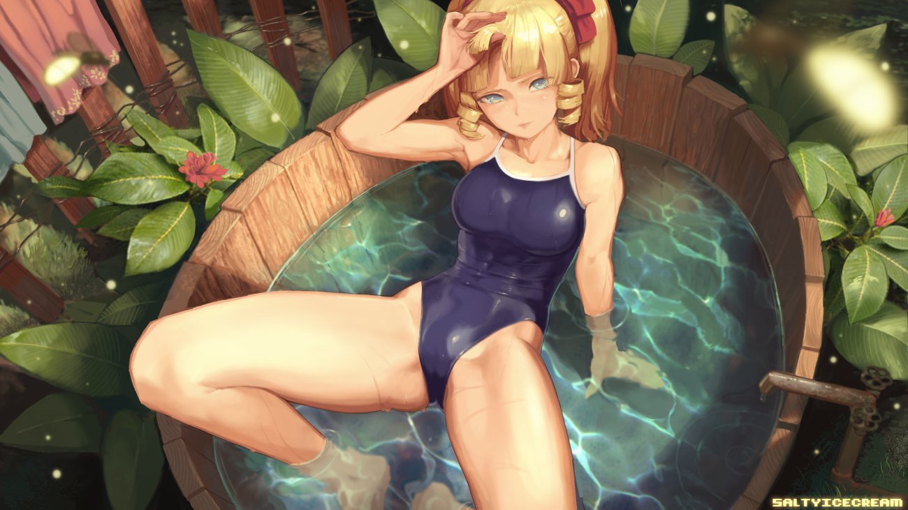 1girl arm_support artist_name bangs bare_shoulders blonde_hair blue_eyes blue_swimsuit breasts bug drill_hair firefly flower groin hair_ribbon head_tilt insect long_hair medium_breasts original partially_submerged plant red_ribbon ribbon saltyicecream school_swimsuit shiny shiny_clothes sidelocks solo swimsuit thighs tsurime twin_drills twintails wet
