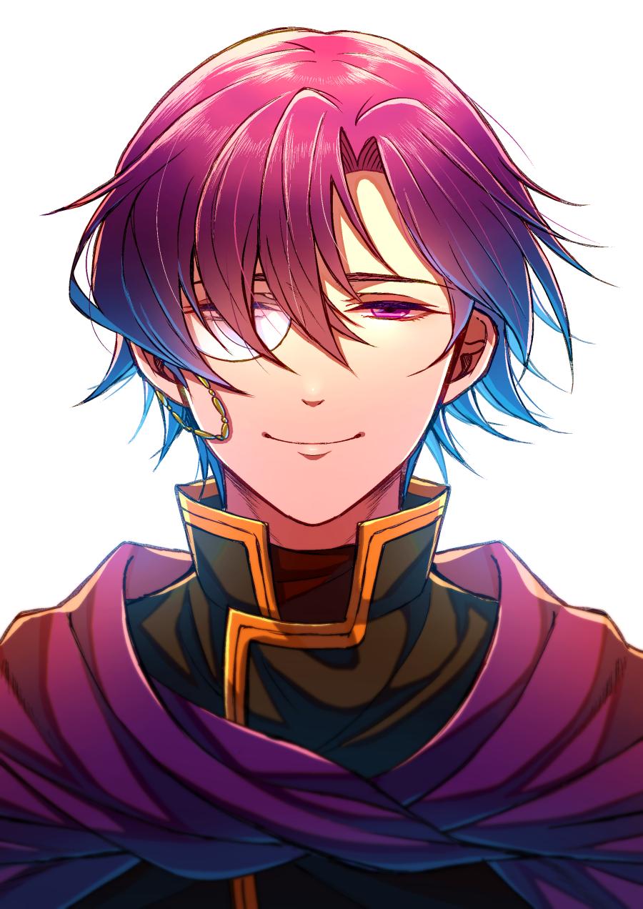 1boy canas cape fire_emblem fire_emblem:_the_blazing_blade hair_over_one_eye highres hzk_(ice17moon) looking_at_viewer monocle portrait simple_background smile solo violet_eyes white_background