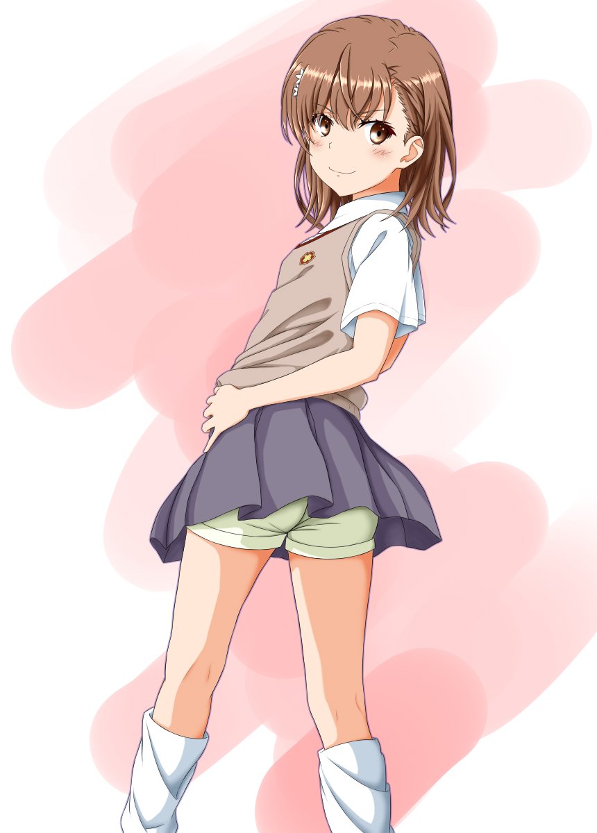 1girl ass brown_eyes brown_hair brown_shorts commentary_request from_behind grey_skirt highres ken'ichi_(silvian125jp) looking_at_viewer looking_back loose_socks misaka_mikoto school_uniform shirt short_hair short_sleeves shorts shorts_under_skirt skirt socks solo standing sweater_vest to_aru_kagaku_no_railgun to_aru_majutsu_no_index tokiwadai_school_uniform white_shirt