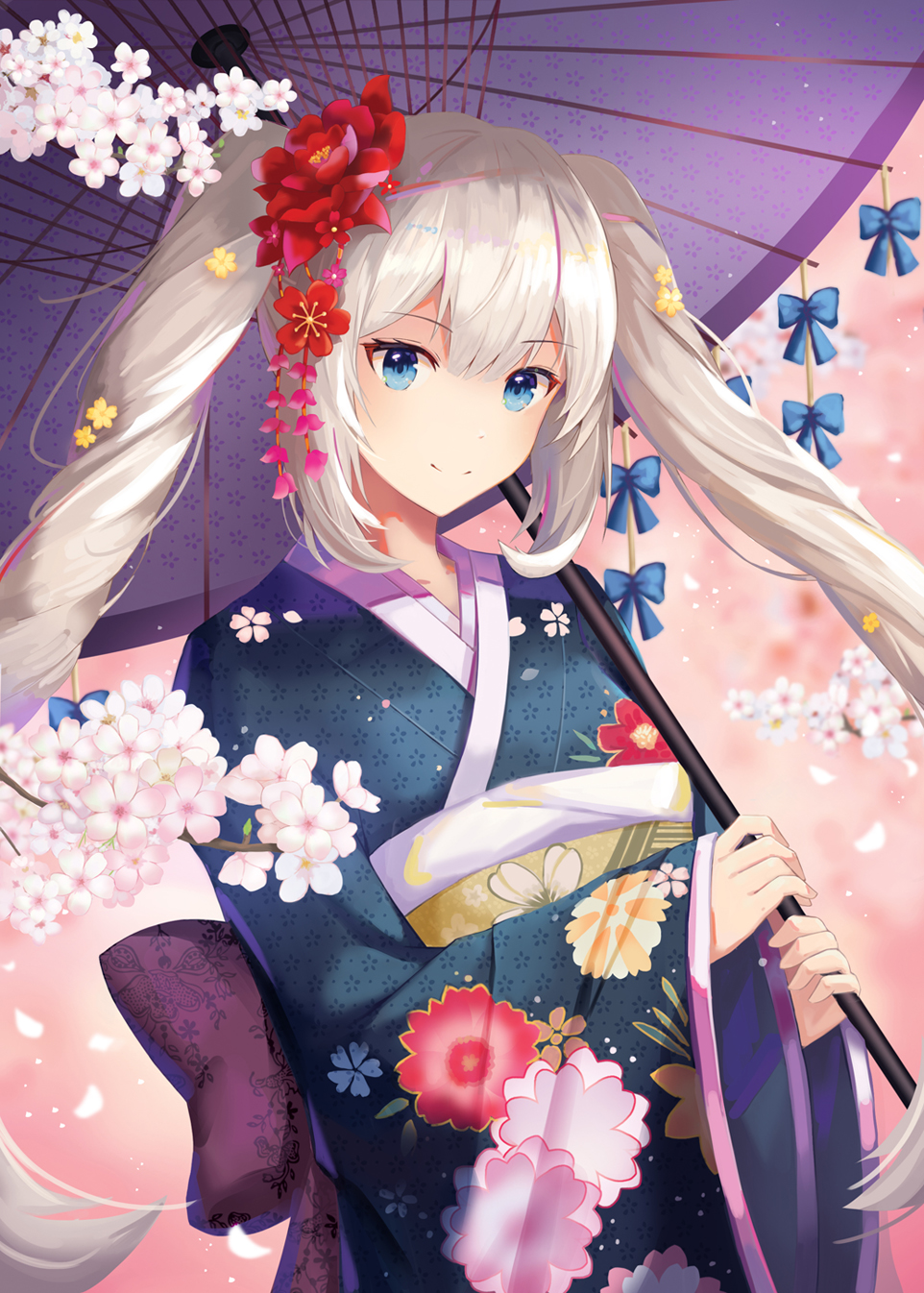 1girl blue_bow blue_eyes bow cherry_blossoms dew_(7302235) fate/grand_order fate_(series) floral_print flower hair_flower hair_ornament highres holding holding_umbrella japanese_clothes kimono looking_at_viewer marie_antoinette_(fate/grand_order) oriental_umbrella pink_background red_flower sidelocks smile spring_(season) standing twintails umbrella upper_body white_hair wide_sleeves yukata