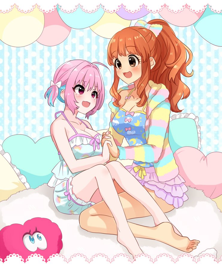 2girls :3 blush breasts brown_eyes brown_hair hair_ornament heart heart_pillow hituzipome holding_hands idolmaster idolmaster_cinderella_girls large_breasts long_hair long_sleeves moroboshi_kirari multiple_girls pillow ponytail sitting skirt sleeveless smile star star_hair_ornament striped striped_background striped_hoodie twintails yumemi_riamu