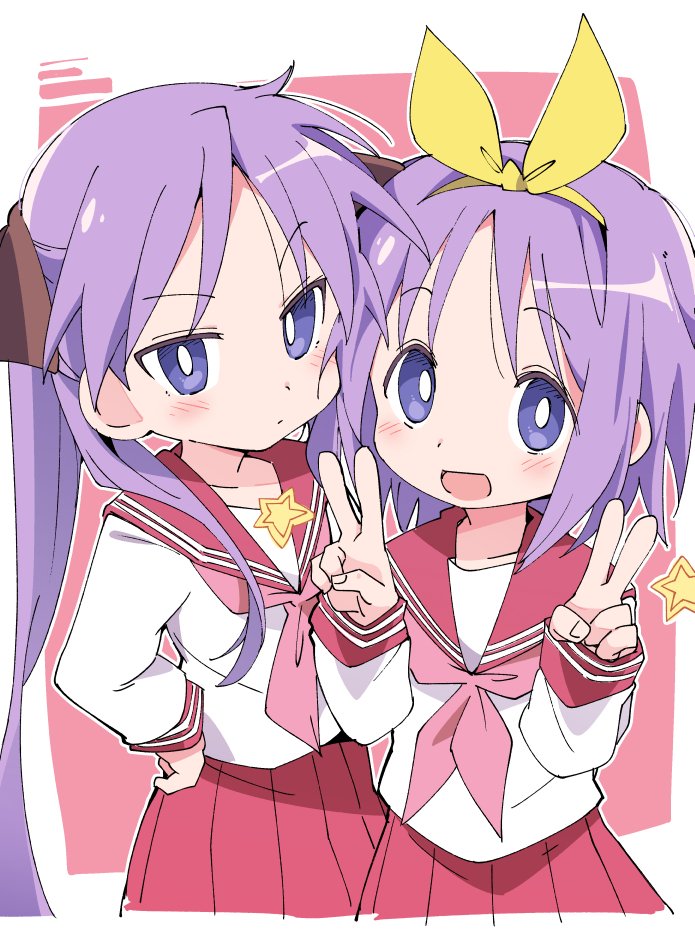 2girls blush closed_mouth double_v eyebrows_visible_through_hair hairband hand_on_hip hiiragi_kagami hiiragi_tsukasa ixy long_hair looking_at_viewer lucky_star multiple_girls open_mouth pink_neckwear pleated_skirt purple_hair red_sailor_collar red_skirt ryouou_school_uniform sailor_collar school_uniform serafuku short_hair siblings sisters skirt smile twintails v violet_eyes yellow_hairband