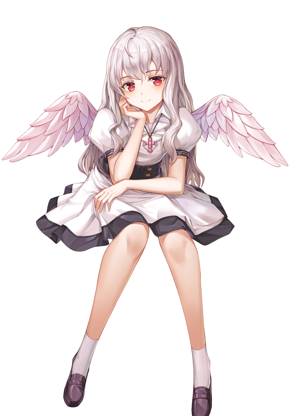 1girl angel_wings arm_support bangs black_footwear blush btraphen closed_mouth commentary_request eyebrows_visible_through_hair feathered_wings grey_hair grey_wings hair_between_eyes highres jewelry leaning_forward loafers long_hair original pendant puffy_short_sleeves puffy_sleeves red_eyes shirt shoes short_sleeves simple_background sitting skirt smile socks solo very_long_hair white_background white_legwear white_shirt white_skirt wings