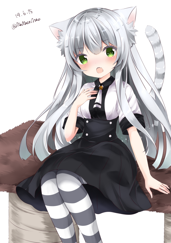 1girl :o animal_ear_fluff animal_ears black_skirt blush breasts cat_ears cat_girl cat_tail copyright_request dated fang green_eyes hand_up head_tilt long_hair looking_at_viewer medium_breasts nanase_nao open_mouth pantyhose pleated_skirt shirt short_sleeves silver_hair simple_background sitting skirt solo striped striped_legwear striped_tail tail tail_raised twitter_username very_long_hair white_background white_shirt