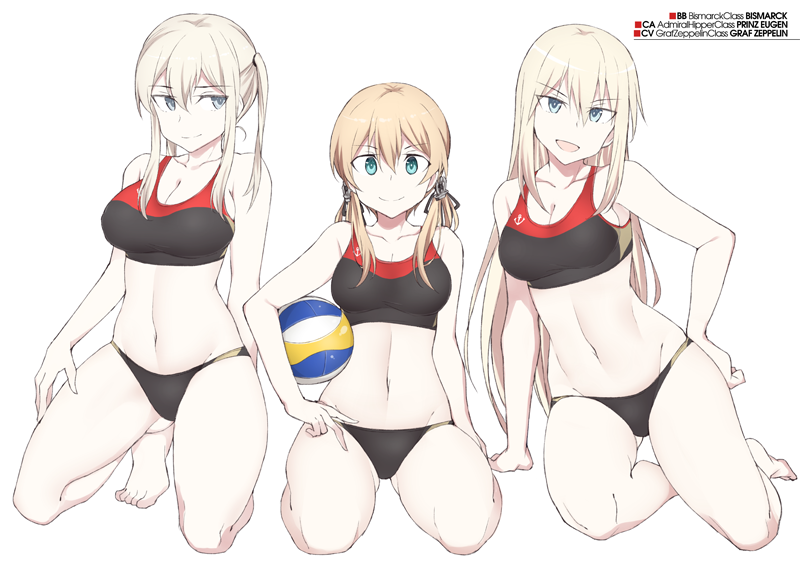 3girls anchor_hair_ornament aqua_eyes barefoot beach_volleyball bikini bismarck_(kantai_collection) black_bikini blonde_hair blue_eyes character_name graf_zeppelin_(kantai_collection) grey_eyes hair_between_eyes hair_ornament kantai_collection kneeling looking_at_viewer low_twintails multiple_girls open_mouth prinz_eugen_(kantai_collection) sidelocks simple_background smile souji sports_bikini squatting swimsuit tsurime twintails volleyball white_background