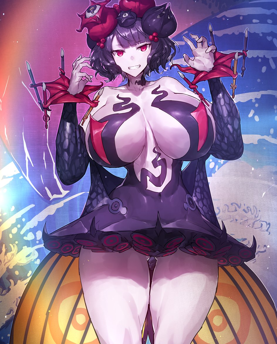 1girl breasts covered_navel cowboy_shot fate/grand_order fate_(series) grin huge_breasts katsushika_hokusai_(fate/grand_order) melon22 paintbrush purple_hair purple_skin red_eyes smile suction_cups tentacles thighs wavy_hair