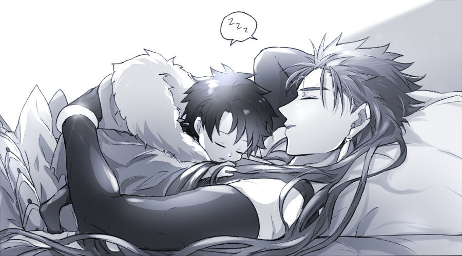 2boys age_difference belt bracelet cape child closed_eyes cu_chulainn_(fate/grand_order) earrings elbow_gloves fate/grand_order fate_(series) fujimaru_ritsuka_(male) gloves greyscale jewelry lancer long_hair male_focus messy_hair monochrome multiple_boys pillow size_difference sleeping younger yukinaga zzz