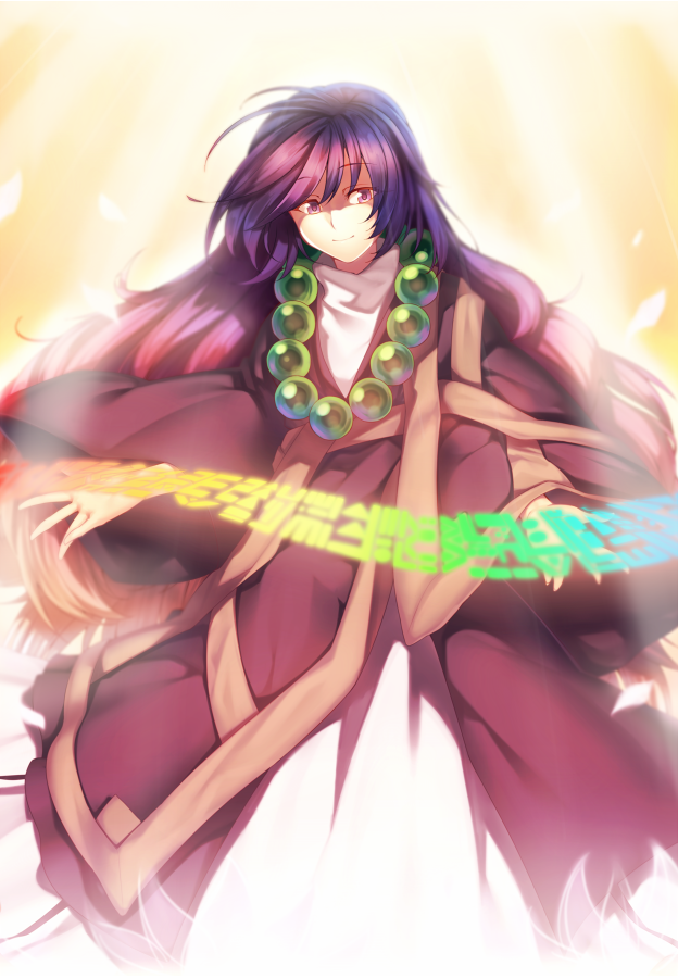 1girl antenna_hair bangs bead_necklace beads black_robe brown_sash commentary_request eyebrows_visible_through_hair feet_out_of_frame hijiri_byakuren jewelry kaiza_(rider000) light_rays long_hair long_sleeves looking_at_viewer necklace petals purple_hair robe sash skirt smile solo touhou very_long_hair violet_eyes white_skirt wide_sleeves yellow_background