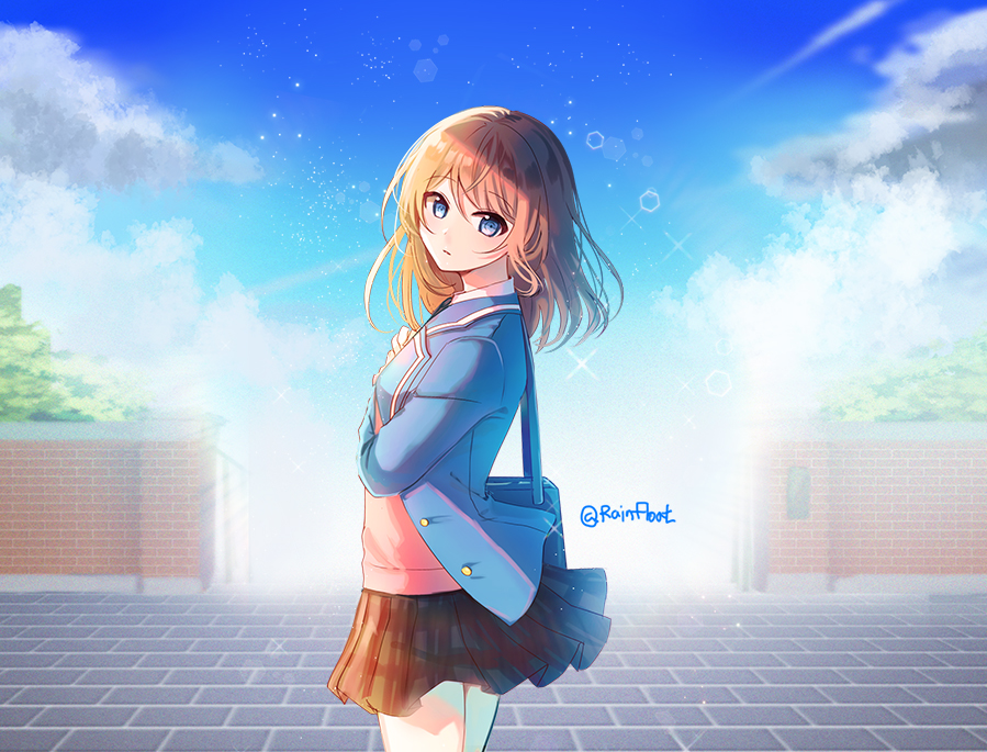 1girl 723/nanahumi anzu_(ensemble_stars!) bag blazer blue_jacket blue_sky brick_wall brown_skirt clouds cloudy_sky commentary_request day ensemble_stars! from_side jacket open_blazer open_clothes open_jacket outdoors pink_sweater plaid plaid_skirt pleated_skirt school_bag skirt sky solo standing sweater twitter_username