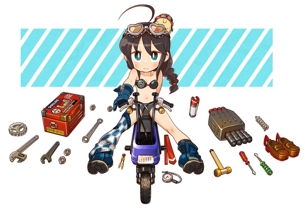 1girl 1other anchor_symbol asymmetrical_legwear bikini black_bikini black_hair blue_eyes blue_footwear blue_gloves boots braid brown_footwear chaki_(teasets) character_name checkered checkered_legwear commentary_request full_body gears gloves ground_vehicle hair_flaps hair_over_shoulder hammer kantai_collection knolling loafers long_hair minibike motocompo motor_vehicle motorcycle nut_(hardware) remodel_(kantai_collection) riding screwdriver shigure_(kantai_collection) shoes shoes_removed single_braid single_thighhigh spray swimsuit thigh-highs toolbox torpedo_launcher two-tone_background white_background wrench