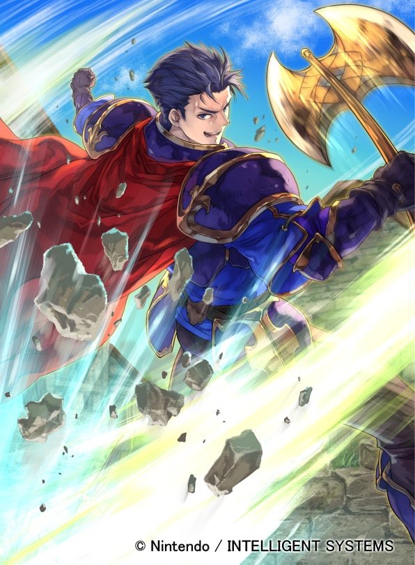 1boy armor axe blue_hair cape company_name debris fire_emblem fire_emblem:_the_blazing_blade fire_emblem_cipher hector_(fire_emblem) looking_at_viewer open_mouth outdoors outstretched_arms shoulder_armor suzuki_rika