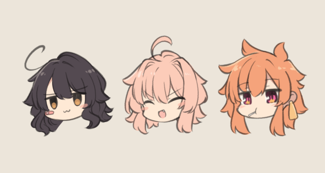 3girls :3 :d ahoge bangs blush blush_stickers brown_background brown_hair candy closed_eyes closed_mouth commentary earrings eyebrows_visible_through_hair fang food food_in_mouth hair_between_eyes hair_intakes head_only jewelry lollipop mouth_hold multiple_girls natsuki_teru nekomiya_ryuu open_mouth original pink_hair red_eyes shikibe_ayaka simple_background smile