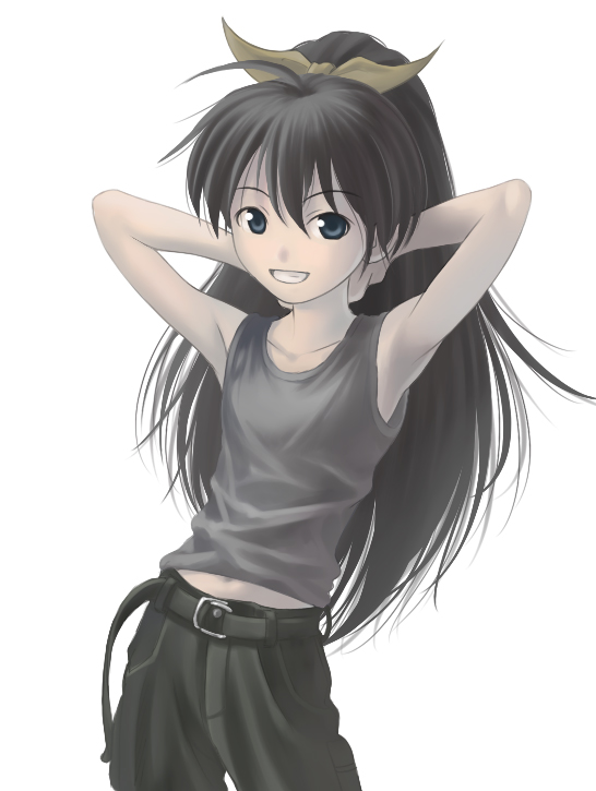 arms_behind_head baggy_pants belt black_hair blue_eyes casual flat_chest ganaha_hibiki hands_behind_head idolmaster long_hair nekopuchi ponytail smile tank_top