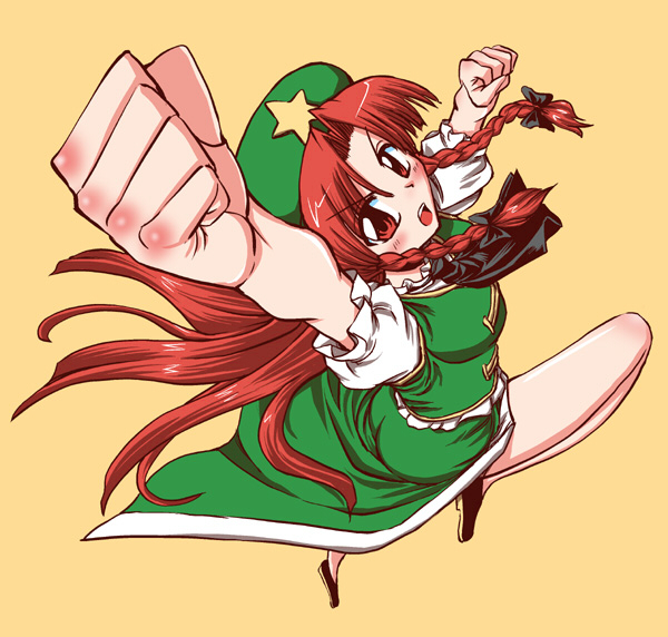 braid foreshortening hands hong_meiling miyamoto_ryuuchii miyamoto_ryuuichi pose punch punching shoryuken solo touhou twin_braids uppercut