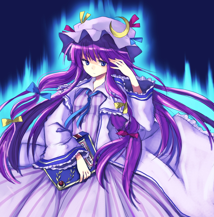 book hat long_hair miya_(artist) miya_(tsumazukanai) patchouli_knowledge purple_hair ribbon touhou