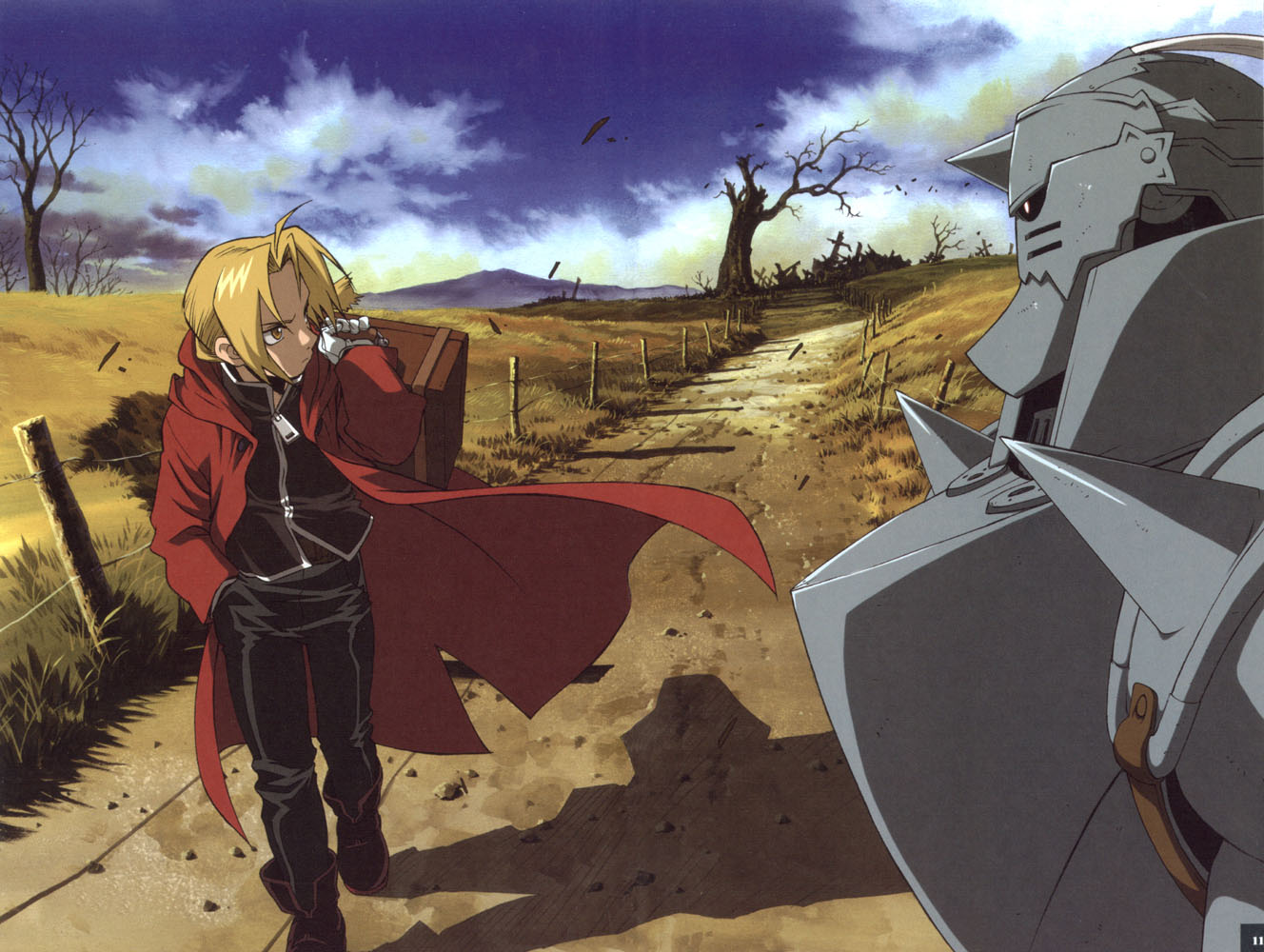 alchemist armor autumn blonde_hair boots braid brothers edward_elric fall fullmetal_alchemist gloves highres male nature official_art path pathway road ruin sad scan siblings single_braid suitcase travel tree way yellow_eyes