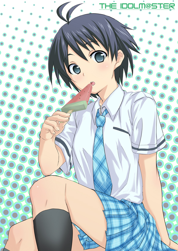 black_hair blue_eyes idolmaster kikuchi_makoto necktie plaid plaid_skirt popsicle rough_time_school school_uniform serafuku short_hair skirt suika_bar tartan tokita_arumi