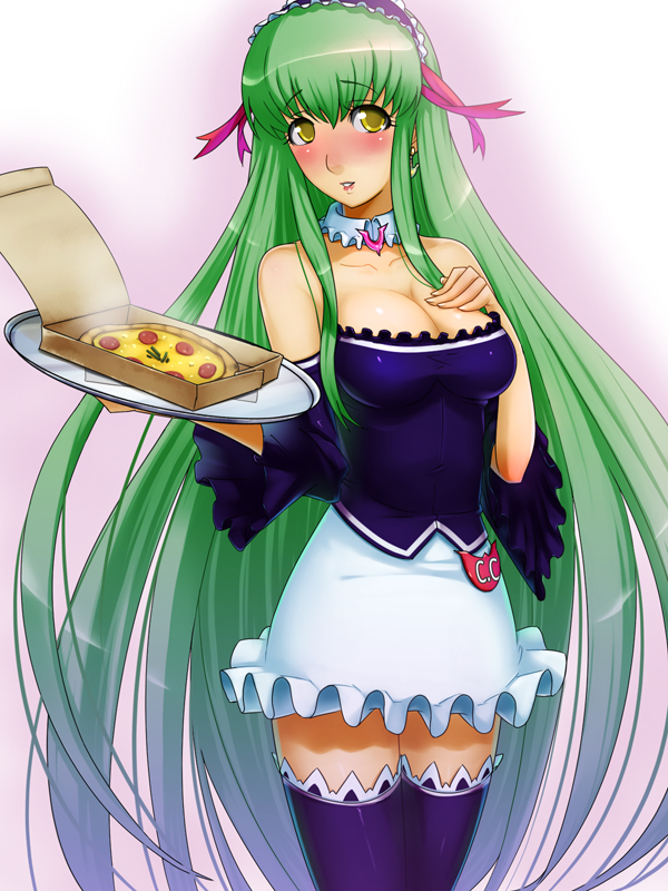 blush breasts c.c. cc cleavage code_geass enmaided food green_hair ldl long_hair maid pizza thigh-highs thighhighs yellow_eyes