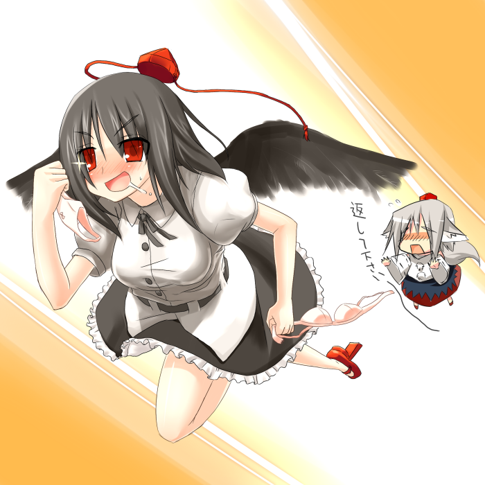 black_hair black_wings blush bra clothes_thief clothing_thief flying geta hat hirasato inubashiri_momiji lingerie panties red_eyes saliva shameimaru_aya short_hair skirt tail tengu-geta theft touhou translated underwear underwear_thief white_hair wings wolf_ears wolf_tail