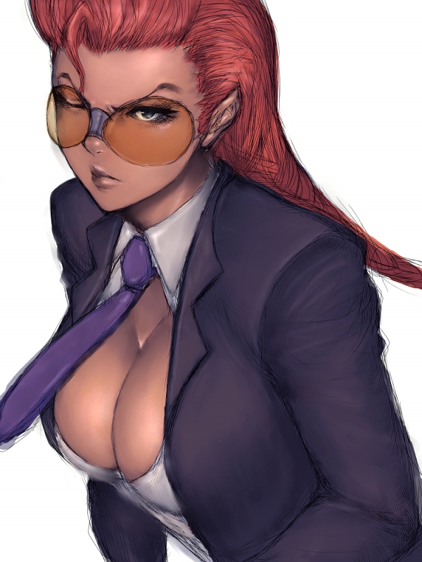 capcom cleavage crimson_viper humio large_breasts necktie open_clothes open_shirt pompadour red_hair redhead shirt solo street_fighter street_fighter_iv sunglasses tanned wink
