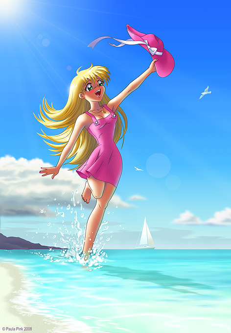 barefoot blonde_hair blush dress green_eyes hat paula_pink pink_dress running sky water