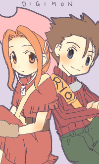 1girl akiyama_ryou back-to-back bag belt blue_eyes blush brown_hair couple digimon digimon_adventure dress gloves hat kurot long_hair lowres orange_eyes orange_hair purse short_hair sitting smile sweater tachikawa_mimi turtleneck