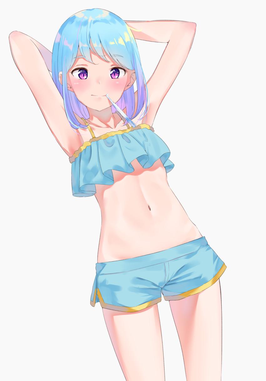 1girl aikatsu!_(series) aikatsu_friends! armpits arms_behind_head arms_up bangs bare_arms bare_shoulders bikini_top blue_bikini_top blue_hair blue_shorts blush closed_mouth collarbone commentary_request eyebrows_visible_through_hair gradient_hair grey_background highres k_mugura looking_at_viewer minato_mio mouth_hold multicolored_hair navel purple_hair short_shorts shorts simple_background solo standing violet_eyes