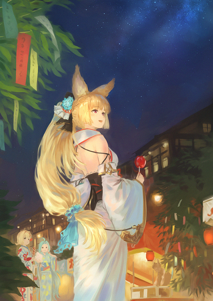 3girls animal_ear_fluff animal_ears backless_outfit bamboo bare_shoulders blonde_hair blue_flower blue_hair blue_rose blue_scrunchie building candy_apple cotton_candy detached_sleeves djeeta_(granblue_fantasy) floral_print flower food food_print granblue_fantasy hair_flower hair_ornament hair_scrunchie holding holding_food japanese_clothes kimono long_hair long_sleeves lyria_(granblue_fantasy) multiple_girls night night_sky obi outdoors ponytail print_kimono rose sash scrunchie sky standing star_(sky) starry_sky tanabata tanzaku very_long_hair wasabi60 white_kimono white_sleeves wide_sleeves yuisis_(granblue_fantasy)